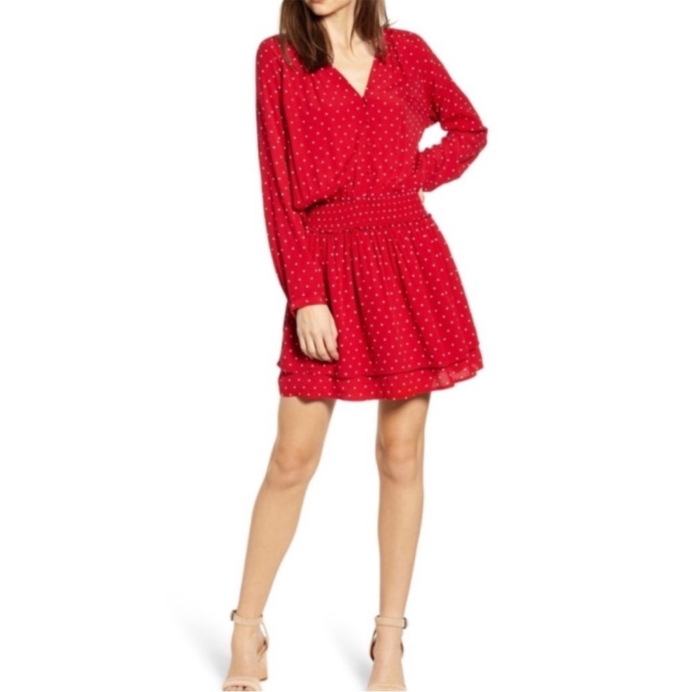 Rails Jasmine Dress Scarlet Red with White Polka Dots Long Sleeve Size Small